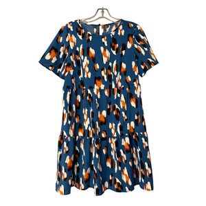 OIBILI Women's Blue Tiered Short Sleeve‎ Dress Abstract Print Size S